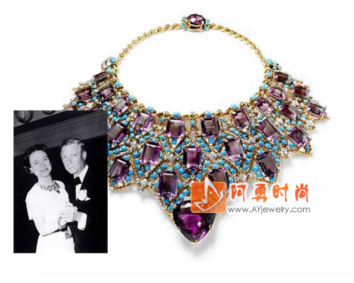 温莎公爵夫人演绎质朴与奢华－－紫水晶绿松石围嘴式项链