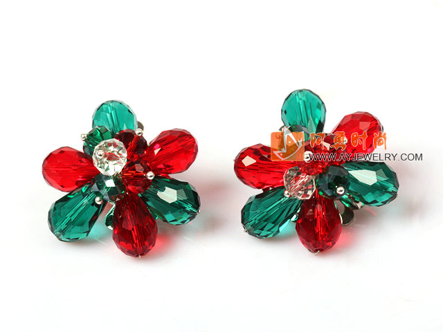 红绿撞色水晶花朵耳环 耳夹款