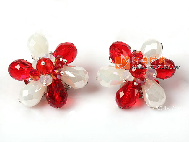 红色白色水晶花朵耳环 耳夹款