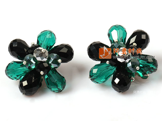 绿色黑色水晶花朵耳环 耳夹款
