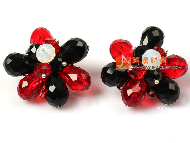 黑红撞色水晶花朵耳环 耳夹款