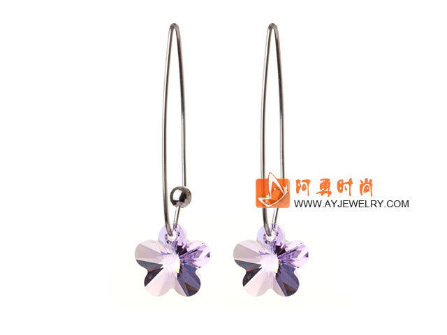 透明紫色奥地利水晶耳环 小梅花形长耳钩款