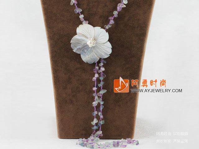 紫萤石黑贝壳花项链
