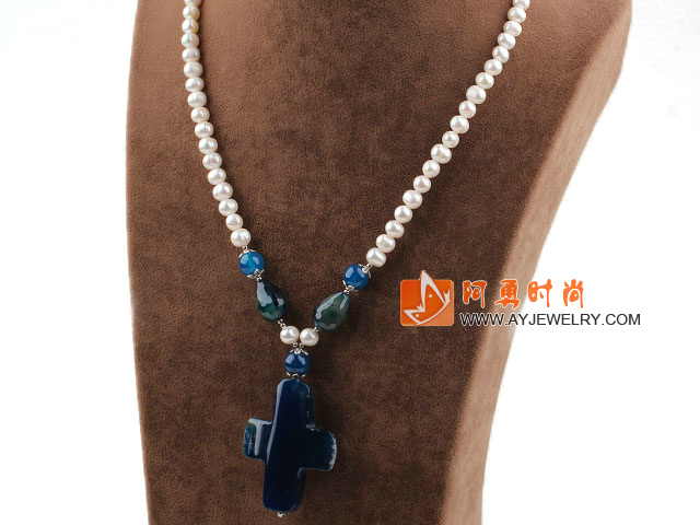 珍珠晶体蓝玛瑙十字架项链