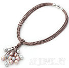 灰粉色珍珠皮绳磁力扣项链