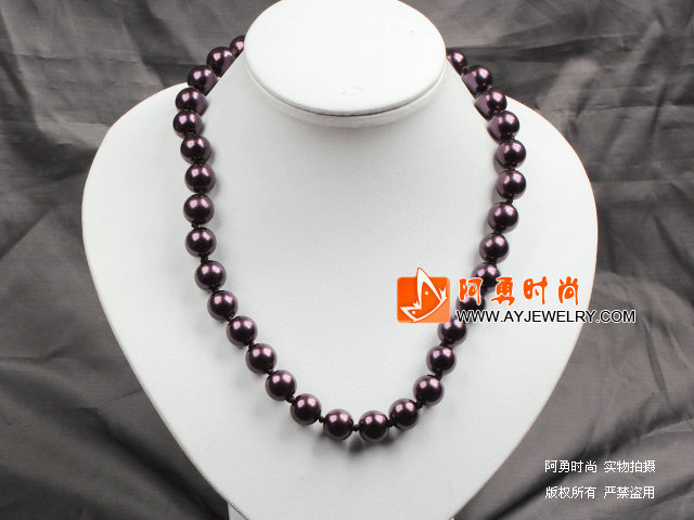 12mm深紫色玻璃珍珠圆珠项链