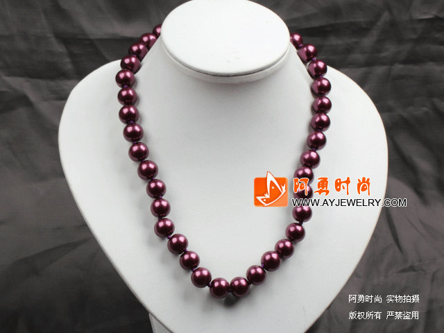12mm紫红色玻璃珍珠圆珠项链