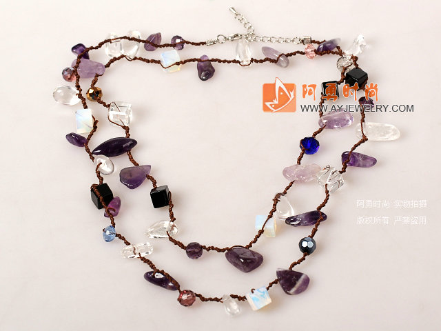 长款紫晶蛋白石白水晶黑玛瑙项链（可做多层项链或手链）