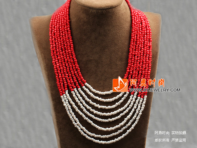 多层红白双色塑料珠米珠项链