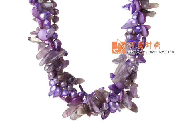 珍珠贝壳紫晶人造水晶项链 欧美流行 多股扭扭款