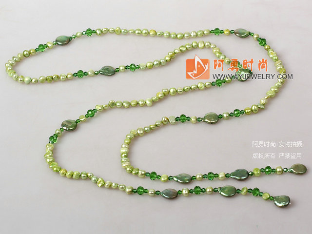 浅绿色系列珍珠水晶长款项链