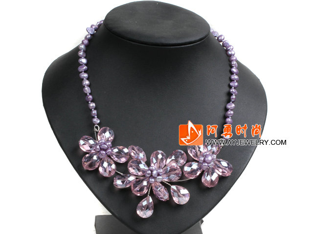 紫色珍珠水晶花朵项链