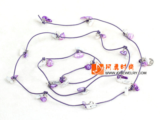 紫色系珍珠贝壳石头长款毛衣链项链