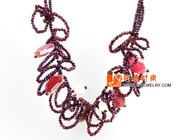 紫红色水晶珍珠玛瑙夸张项链