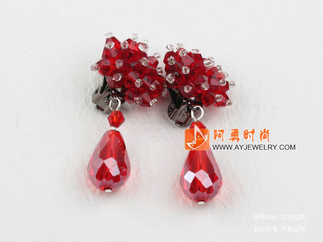 红色水晶夹式耳环