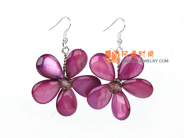 水晶紫色贝壳花朵耳环 编花款