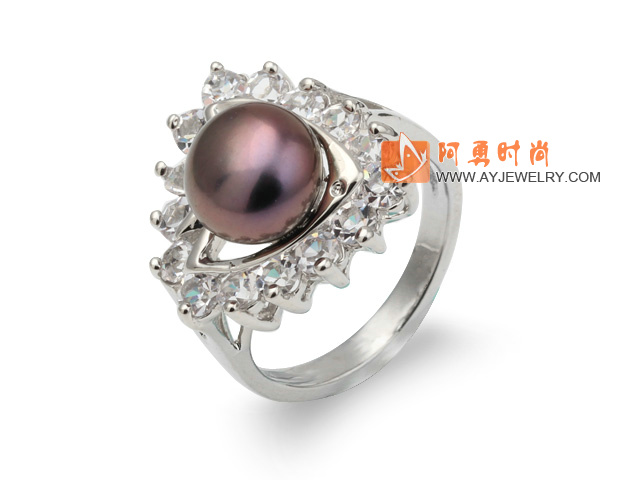 天然紫珍珠戒指 配水钻 合金戒托 太阳花款