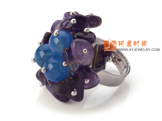 紫水晶 蓝玛瑙手工戒指 圈口可调节