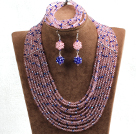 蓝色 粉色多层水晶项链 手链 耳环 套链