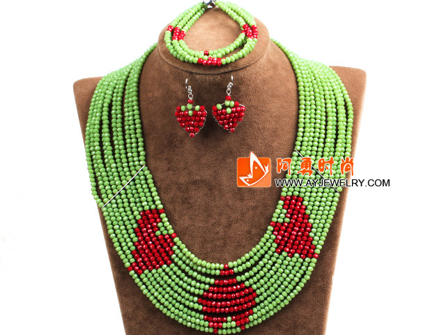 绿色色 红色多层水晶项链 手链 耳环 套链