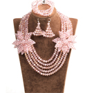 粉色水晶多层项链 手链 耳环 套链 配粉色水晶花