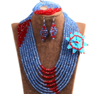 蓝色 红色多层水晶项链 手链 耳环 配水晶花 可拆卸