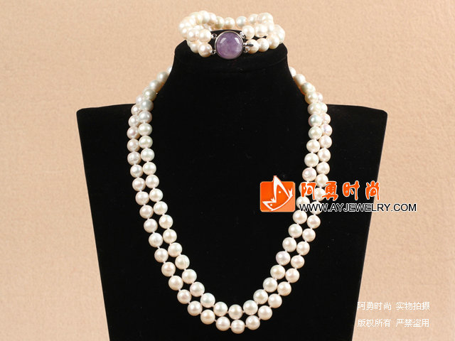 9-10mm双层白珍珠项链手链套装 配紫晶扣