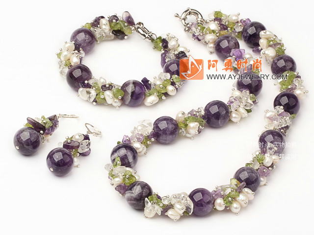 珍珠 橄榄石 紫水晶手链 项链 耳环 套链
