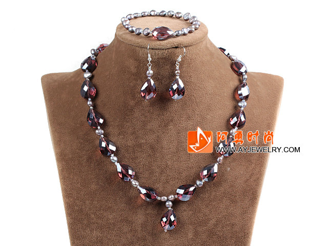 红褐色珍珠水晶项链手链耳环套装