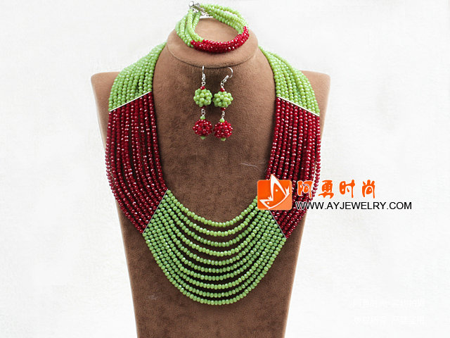 绿色红色10层水晶项链手链耳环套链
