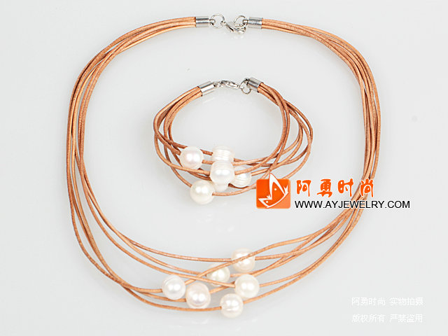 10-11mm白珍珠圆珠褐色皮绳项链手链套装