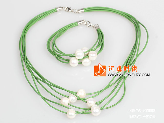 10-11mm天然白珍珠绿色皮绳项链手链套装