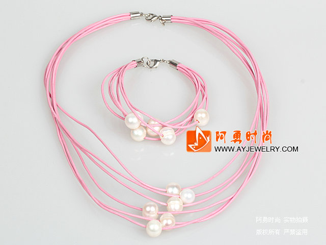 10-11mm天然白珍珠粉色皮绳项链手链套装
