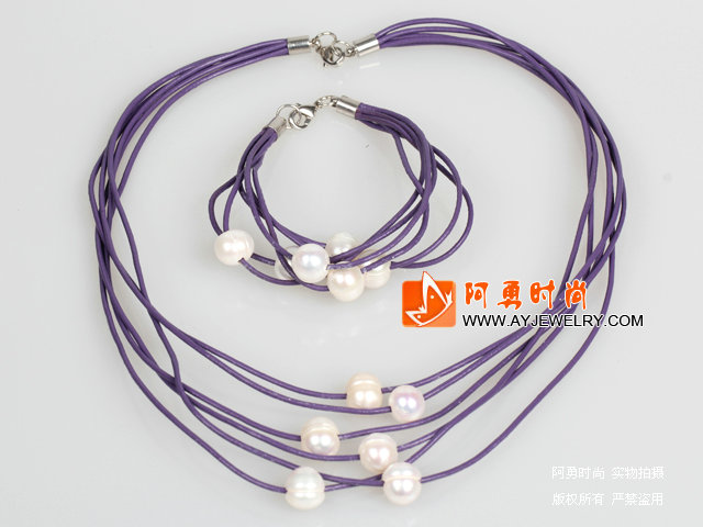 10-11mm天然白珍珠紫色皮绳项链手链套装
