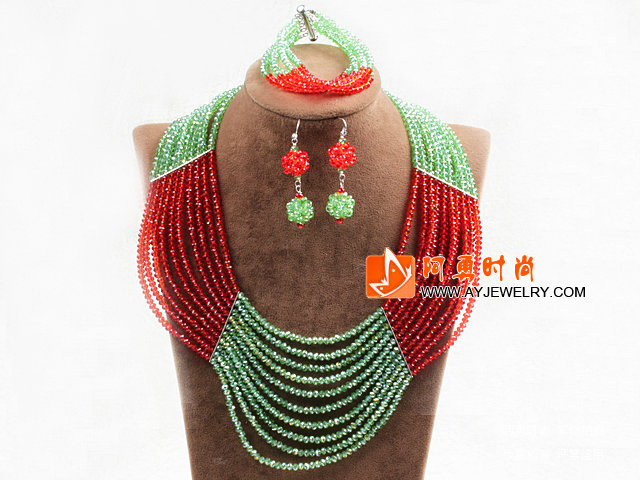 红绿色10层水晶项链手链耳环套链
