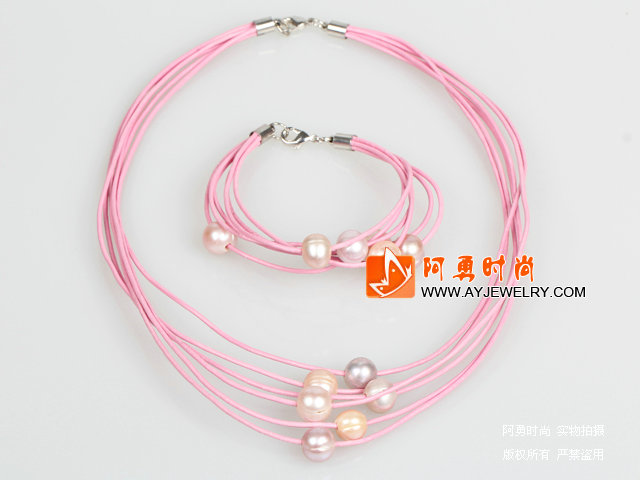 10-11mm粉紫珍珠粉色皮绳项链手链套装