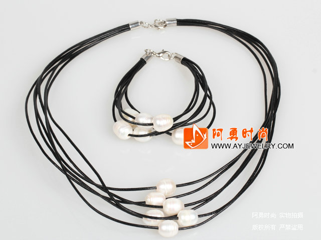 10-11mm白珍珠黑色皮绳项链手链套装