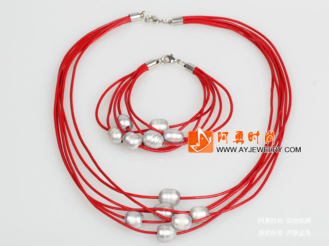 10-11mm灰珍珠红色皮绳项链手链套装
