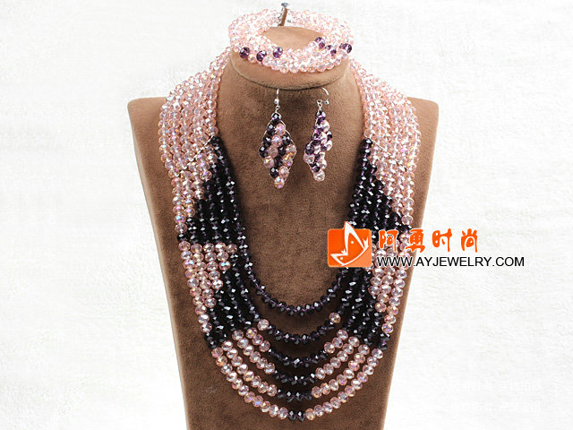 粉色紫色六层水晶项链手链耳环套链