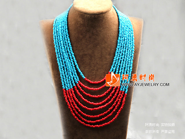 多层蓝红双色塑料珠米珠项链