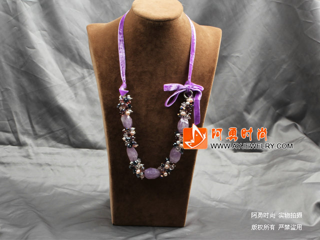 紫色系列紫晶珍珠项链 配紫色绒绳