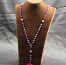 浅紫色磨砂玛瑙松石十字架长款项链
