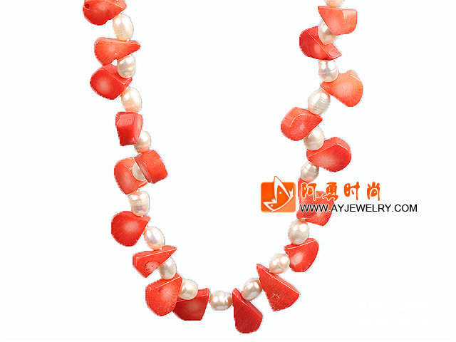 白珍珠橘红色珊瑚项链