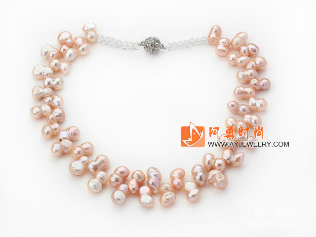 天然粉色异形珍珠水晶项链