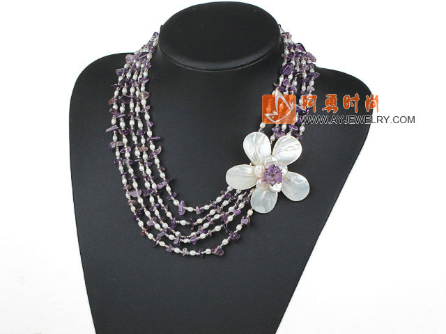 五排紫水晶珍珠贝壳花项链