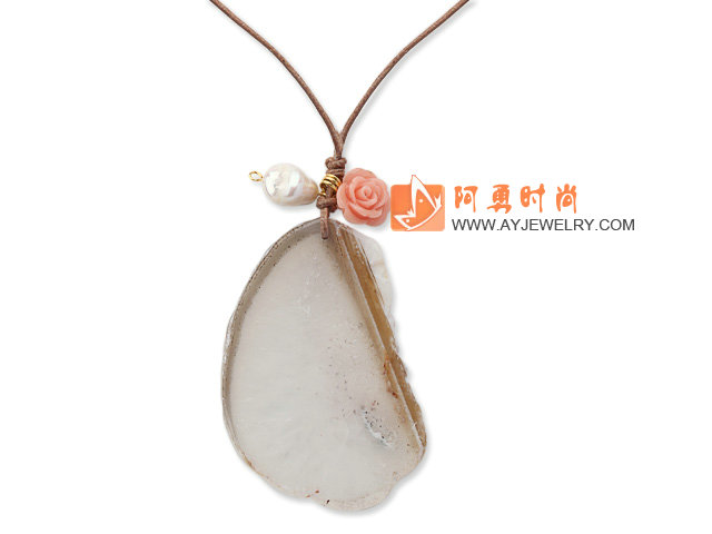 天然玛瑙切片项链 皮绳吊坠款