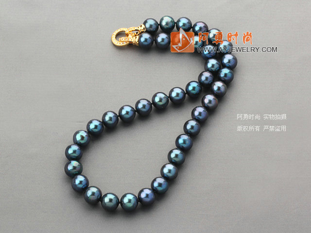 A级蓝光黑珍珠项链 镀金锆钻扣 简约单层珠链款