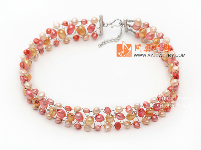 橘粉色系珍珠编织项链