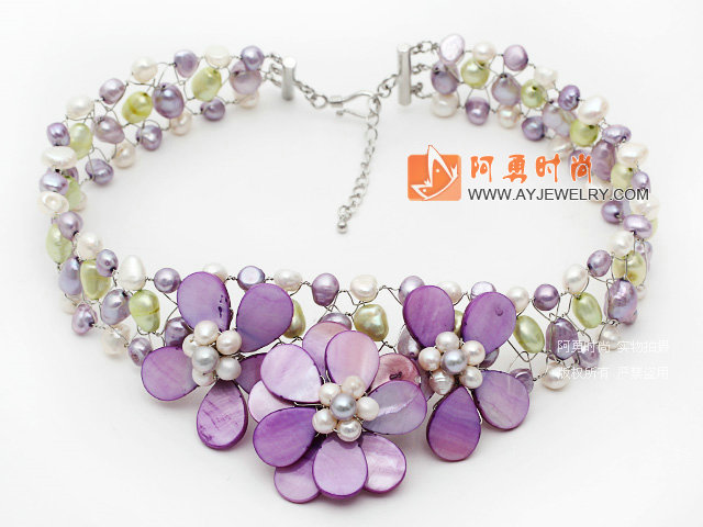 珍珠紫色贝壳花项链