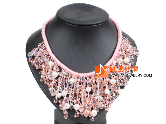 粉色珍珠水晶绳结项链